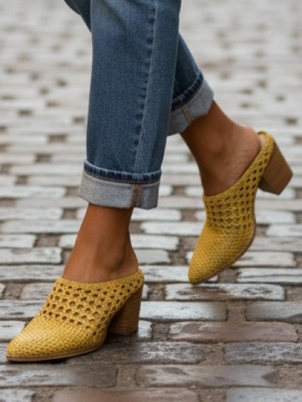 Miim Leather Yellow Woven Slingback Mule Heels